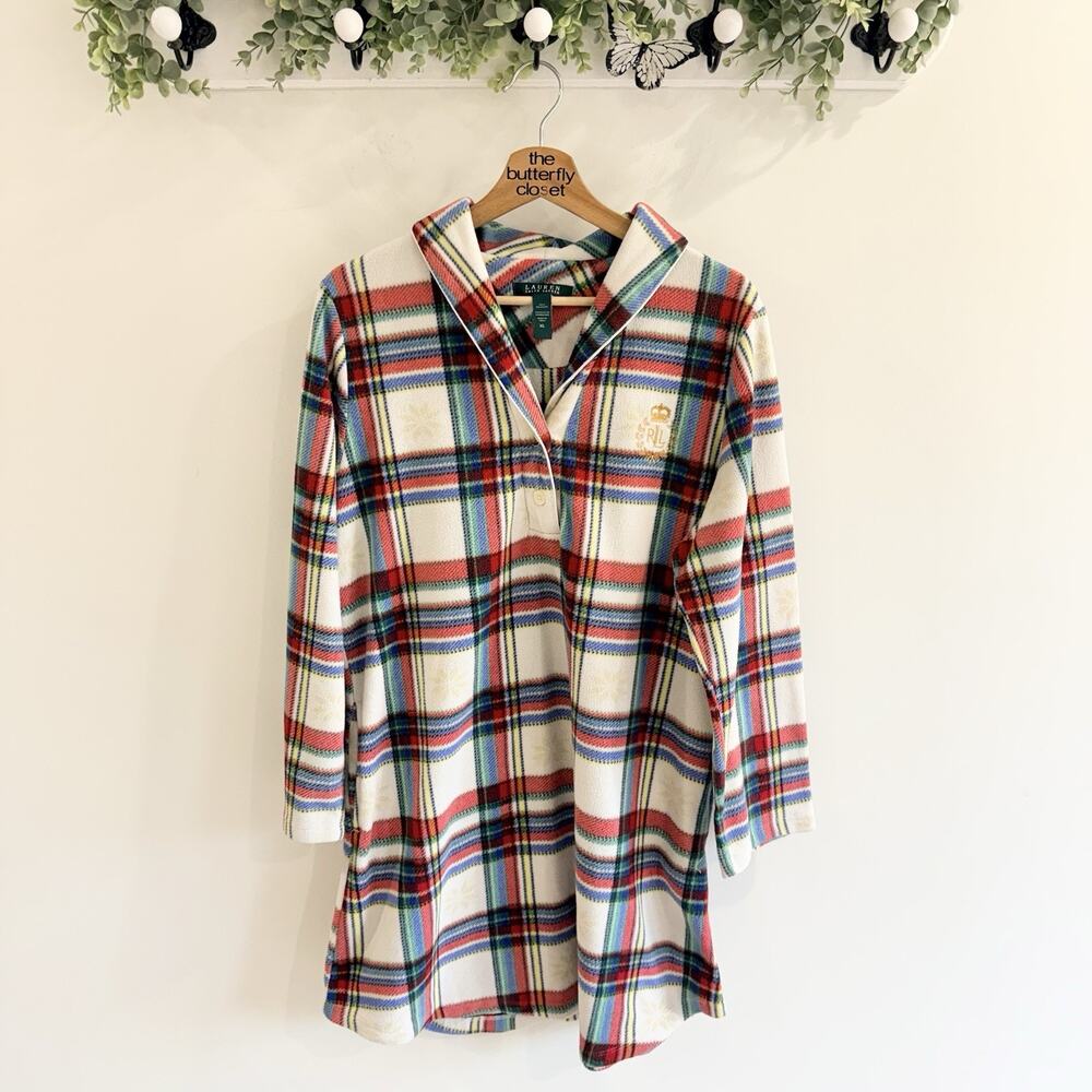 Ralph Lauren Plaid Fleece monogrammed  Nightgown Collared Long Sleeves Size XL